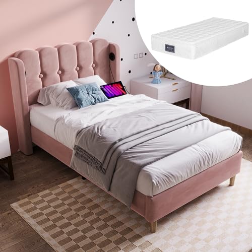 Polsterbett 90x200cm mit USB Typ C Ladefunktion, Bettgestell mit Lattenrost, Gepolstert in Rosa, Jugendbett für Schlafzimmer Gästezimmer, Samt, Mit Matratze von REXO