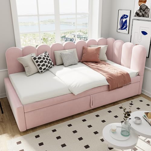 REXO 2-in-1 Multifunktions-Schlafsofa in L-Form (90/180 x 200 cm), Samtrosa Polsterbett Platzsparendes Design Kann als Kinderbett oder Gästebett genutzt Werden,Rosa von REXO