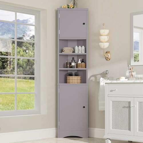 REXO 36.5 x 24.5 x 170cmDreieckiger Badezimmerschrank, Volllackierung,feuchtigkeitsbeständiger Lack, DREI offene Ablagefächer, Doppeltüren, verstellbare Einlegeböden, platzsparend (Grau) von REXO