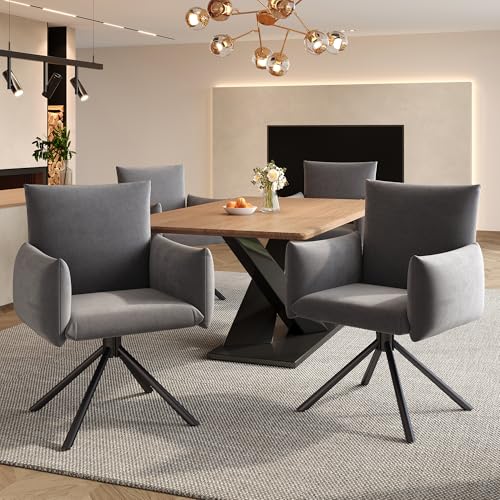 REXO 4 Esszimmerstühle Set, Gepolsterter Sessel mit 4 Metallbeinen, 360° Lässiger Drehstuhl, Wohnzimmer Schlafzimmerstuhl, Arbeits- und Schreibtischstuhl, Lordosenstütze, Samt, Grau von REXO