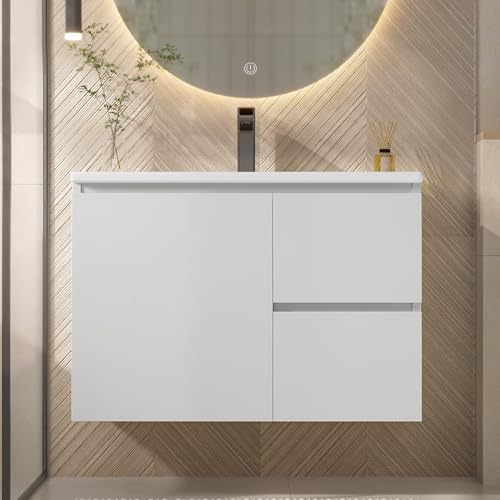 76x46x50cm wandhängend Badezimmerschränk, Volllackierung, LED-Radarsensor-Beleuchtung, Waschtisch, Zwei Schubladen, leise Gleitschienen, Linke und rechte Ablage, integriertes Waschbecken 76x46x50cm wandhängend Badezimmerschränk, Volllackierung, LED-Radarsensor-Beleuchtung, Waschtisch, Zwei Schubladen, leise Gleitschienen, Linke und rechte Ablage, integriertes Waschbecken von REXO