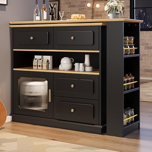 REXO Ausziehbarer Bartisch mit Stauraum(125-181×39×104.5cm), 360° drehbare Essbar,Moderner Beweglicher Bar Table,Hochtisch Kücheninsel Bistro Table, Sideboardschrank mit Regalen und Glas (Schwarz) von REXO
