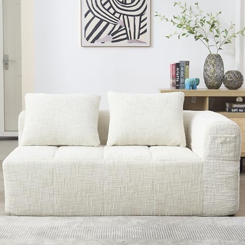 REXO Bequemes Sofa für 2 Personen, kein Zusammenbau erforderlich, Flauschiges Sofa mit einem Kissen, Seitentaschen für Fernbedienung und Handy, ordentlich und stilvoll (Beige, 158x90x60cm) von REXO