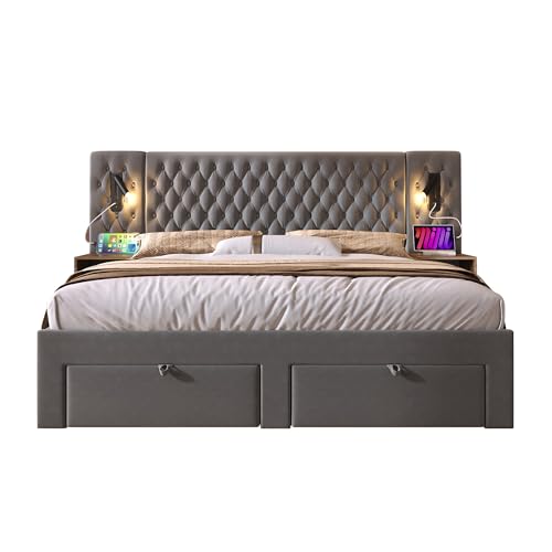 REXO Bettanlage Schlafzimmer Komplett Set Polsterbett 160x200 cm mit Nachttischen Schubladen Kopfteil Leselicht USB Ladefunktion Grau Samt Mit Matratze von REXO
