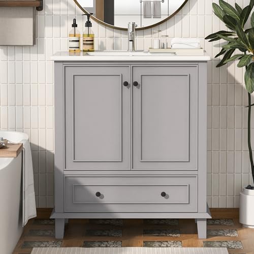 REXO Bodenstehender Badezimmerschrank 76x46x87cm mit Waschbeck, Waschtisch,Beine aus Massivholz, Volllackierung, feuchtigkeits- und wasserdicht, großer Stauraum, integriertes Keramikwaschbecken, Grau REXO Bodenstehender Badezimmerschrank 76x46x87cm mit Waschbeck, Waschtisch,Beine aus Massivholz, Volllackierung, feuchtigkeits- und wasserdicht, großer Stauraum, integriertes Keramikwaschbecken, Grau von REXO