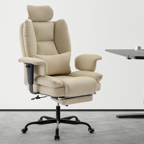 REXO Bürostuhl Ergonomisch 200kg, Computerstuhl mit Lendenwirbelstütze und Fußstütze, Hoher Rückenlehne Ergonomischer Schreibtischstuhl mit Anhebbarer Kopfstütze (Beige) von REXO