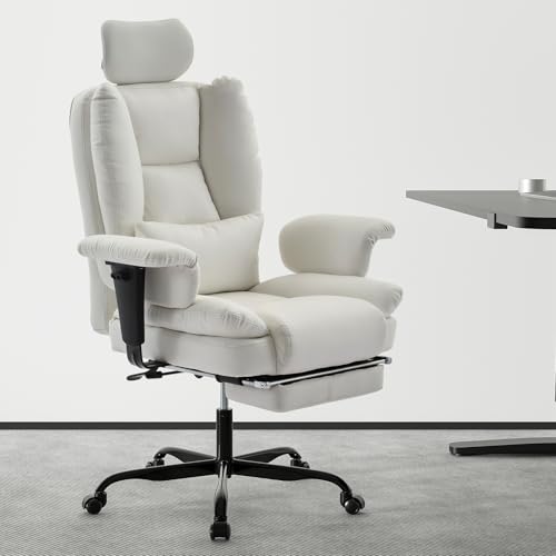 REXO Bürostuhl Ergonomisch 200kg, Computerstuhl mit Lendenwirbelstütze und Fußstütze, Hoher Rückenlehne Ergonomischer Schreibtischstuhl mit Anhebbarer Kopfstütze (Weiß) von REXO