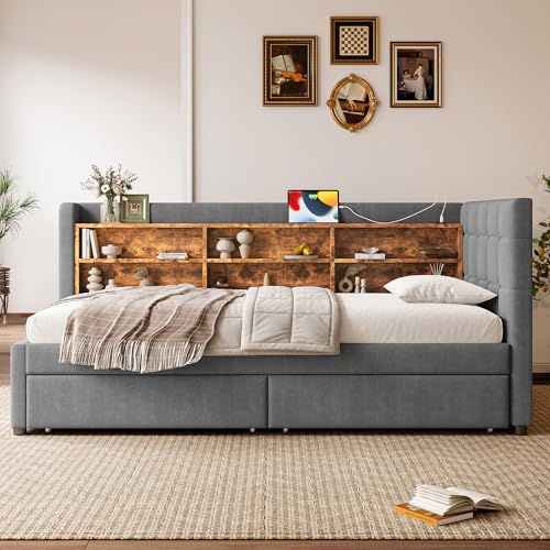 REXO Daybett 90x200cm Schlafsofa Mit 2 Schubladen USB Typ C Mehreren Ablagefächern Bett Mit Lattenrost Ohne Matratze Leinen Grau REXO Daybett 90x200cm Schlafsofa Mit 2 Schubladen USB Typ C Mehreren Ablagefächern Bett Mit Lattenrost Ohne Matratze Leinen Grau von REXO