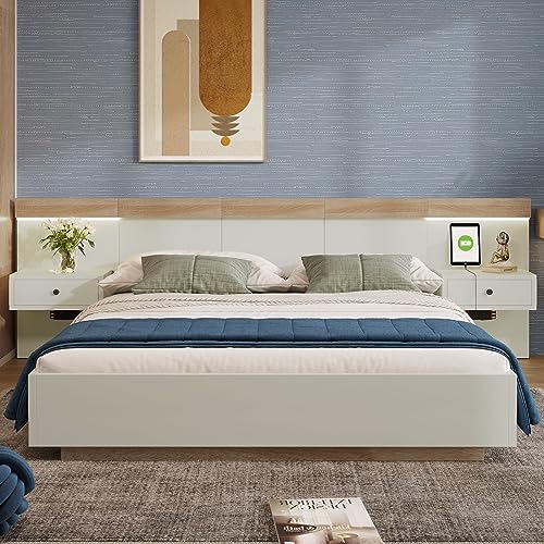 REXO Doppelbett Bettanlage mit 2 LED Nachtkommoden& USB C Steckdose 180 x 200 cm Holzbett inkl. 2 Nachttischen Schlafzimmer Komplett-205x284x90.5 cm(T/B/H) Set in Eiche Sonoma von REXO
