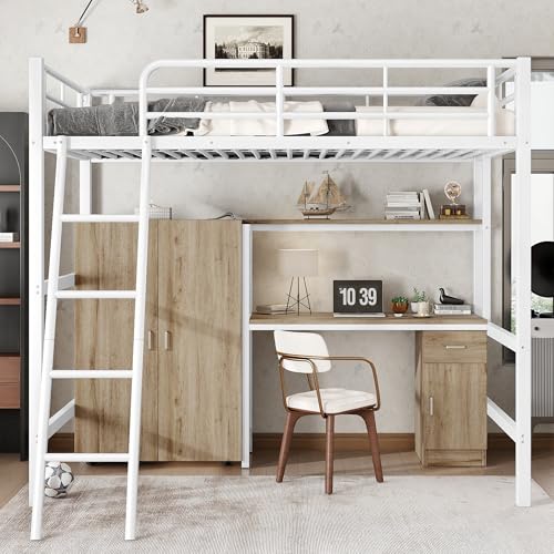 REXO Eisenbett, 90x200cm Etagenbett, Geeignet für Kinder und Heranwachsende, Mit Tisch und Kleiderschrank, Reichlich Ablagefächer, Mit Einer vierstufigen Schrägleiter, Eisen+Spanplatte, Weiß+Natur von REXO