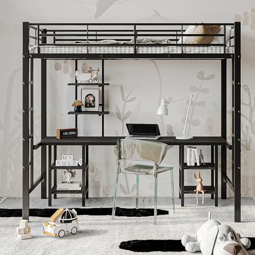 REXO Eisenrahmenbett,90x200cm mit Tisch und Regalen, Geeignet für Kinder und Jugendliche, Kinderbett mit Seitenleiter, mit Fallschutzgitter, Eisen + MDF (Schwarz) von REXO