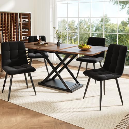 REXO Essgruppe Ausziehbares Esstischset 5-TLG für 4 Personen 160×80×75cm Esstisch mit Esszimmerstühlen aus schwarzem Samt Nussbaumfarbener Esstisch von REXO