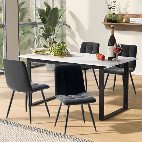 REXO Essgruppe Set 140/180×80×75cm Esstisch mit 4 Stühlen, Moderner Küchentisch Set, Esszimmerstuhl aus grauem Samt, MDF Tischplatte in weißer, Schwarze Tischbeine von REXO
