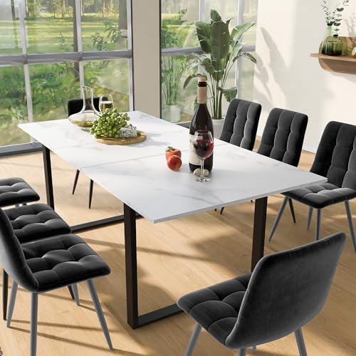 REXO Essgruppe Set 140/180×80×75cm Esstisch mit 8 Stühlen, Moderner Küchentisch, Esszimmerstuhl aus grauem Samt, MDF Tischplatte in weißer, Schwarze Tischbeine von REXO