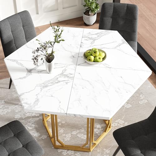 REXO Esstisch-Set 110 x 95 x 76 cm sechseckiger Esstisch inklusive 4 Stühle polygonaler Couchtisch für 4 Personen Sitzbank aus Leinen Esstisch mit Marmorplatte graue Stühle von REXO