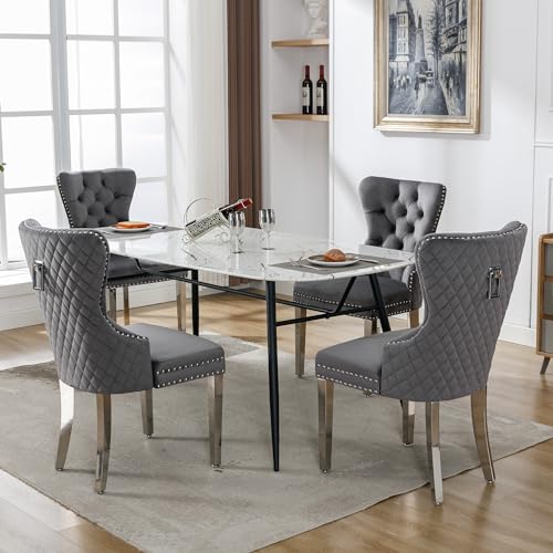 REXO Esszimmerstuhl (Küchenstuhl Wohnzimmerstuhl mit einzigartigem Türklopfer auf der Rückseite, 4 St), Polsterstuhl mit Nagelkopfbesatz,Stützbeine aus Metall, Bezug aus Samt, grau von REXO
