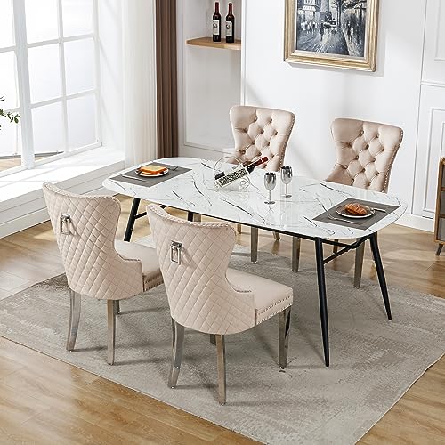 REXO Esszimmerstuhl (Küchenstuhl Wohnzimmerstuhl mit einzigartigem Türklopfer auf der Rückseite, 4 St), Polsterstuhl mit Nagelkopfbesatz,Stützbeine aus Metall, Bezug aus Samt,Beige von REXO