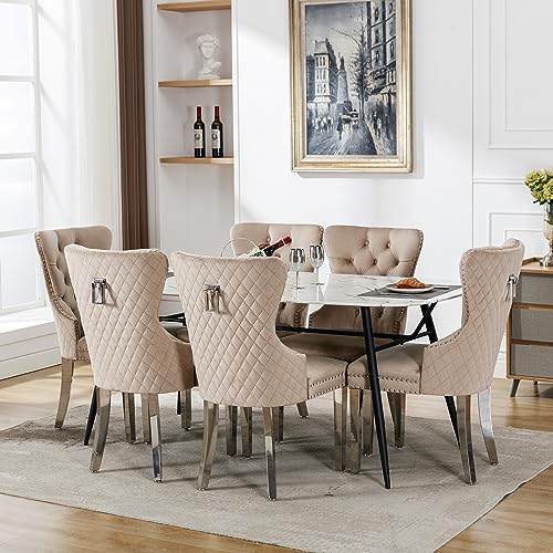 REXO Esszimmerstuhl (Küchenstuhl Wohnzimmerstuhl mit einzigartigem Türklopfer auf der Rückseite, 6 St), Polsterstuhl mit Nagelkopfbesatz,Stützbeine aus Metall, Bezug aus Samt,Beige von REXO