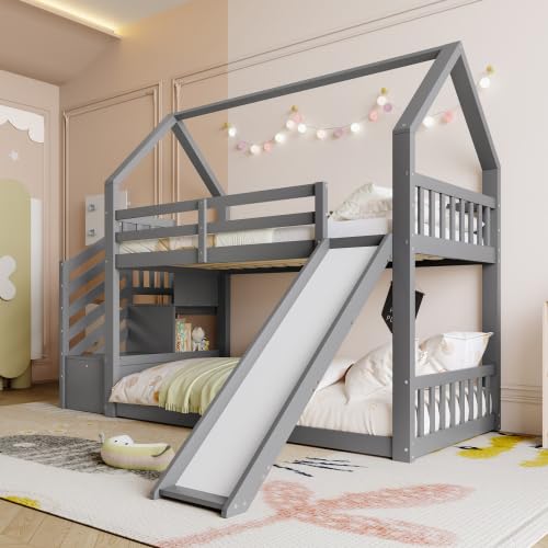 REXO Etagenbett,90x200cm,mit Stauraumtreppe und Rutsche,Hausbett(Ohne Matratze),Kinderbett mit Geländer,geeignet für Kinder, ugendliche,Grau von REXO