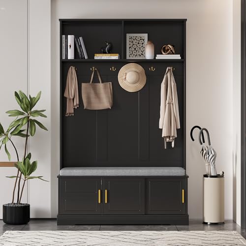 REXO Garderobenständer mit Schuhbank, Garderobe, 6 Dreifach-Haken,freistehend, platzsparend, für Eingangsbereich,Flur, 120×40×191cm (Schwarz) von REXO