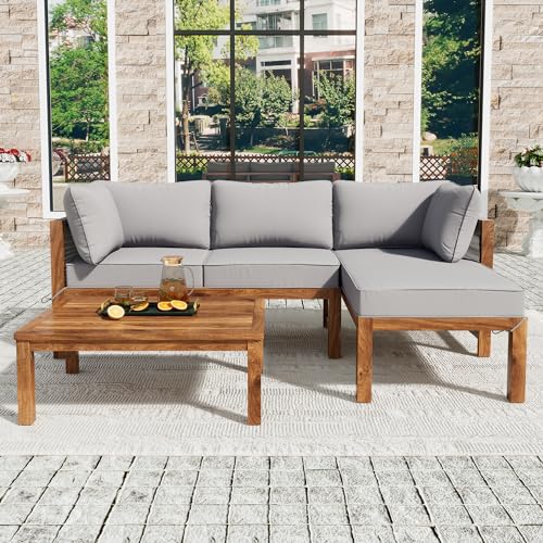 REXO Garten-Loungestuhl-Set (3-teilig), Akazienrahmen, graue Seilarmlehnen, L-förmiges Gartenmöbel-Set mit verstellbaren Beinen, 2 Zweisitzer und 1 Tisch von REXO