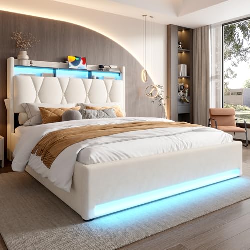 REXO Gepolsterter Bettrahmen140x200cm mit LED-Beleuchtung, USB Type-C-Ladefunktion und Unterbettaufbewahrung,hydraulischer Stauraum-Bettrahmen, Beige,Ohne Matratze von REXO