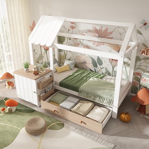 REXO Hausbett Kinderbett 90x200 cm aus Massivholz mit Schubladen & abnehmbarem Nachttisch - Bodenbett in Weiß und Eichenweiß, ohne Matratze von REXO