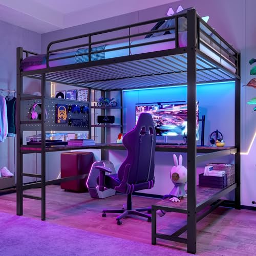 REXO Hochbett, 140 x 200cm, Eisenrahmen, Schreibtisch, Geländer, Trittleiter, mehrere Ablagen, mit USB+Type-c Steckdose, mit LED Leiste, mit Lochbrett, ohne Matratze, Schwarz REXO Hochbett, 140 x 200cm, Eisenrahmen, Schreibtisch, Geländer, Trittleiter, mehrere Ablagen, mit USB+Type-c Steckdose, mit LED Leiste, mit Lochbrett, ohne Matratze, Schwarz von REXO