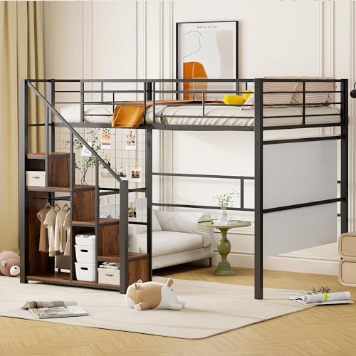 REXO Hochbett mit Sicherheitsleiter 140x200, Kinderbett mit Eisenrahmen und Ablagefläche, Jugendbett, schwarz von REXO