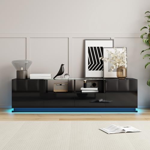 REXO Hochglänzender TV-Schrank mit Glasböden, Zwei Schubladen und Zwei Türen, Lowboard mit mehrfarbigen LED-Lichteffekten (Schwarz) von REXO