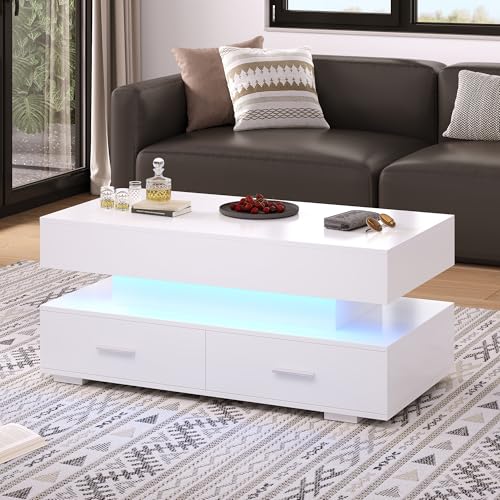 REXO hydraulisch höhenverstellbarer Couchtisch, mit LED-Beleuchtung, Bluetooth-APP-Steuerung, 2 Schubladen und offenem Stauraum,Weißer hebbarer Couchtisch (Weiß, 100x50x44cm) von REXO