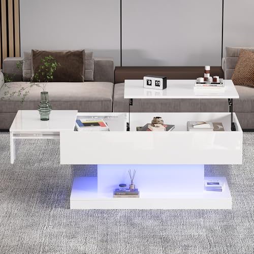 REXO Hochglanz-Lift-Teetisch LED Couchtische Kaffeetisch mit LED-Beleuchtung – Halbhebbares Tischblatt und seitlich verschiebbares Design, hydraulischer Lift und Stauraum (Weiß, 100x50x45cm) von REXO