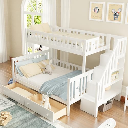 REXO Kinderbett 90 * 200/140 * 200cm, Etagenbett aus Massivholz mit Sicherheitstreppe, Zwei großen Schubladen und Lattenrost, weiß von REXO