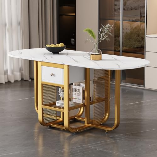 REXO Klapptisch Weiß Gold Erweiterbar Mit Stauraum Schubladen - Multifunktionaler ESS- Kaffeetisch 3 Formen von REXO