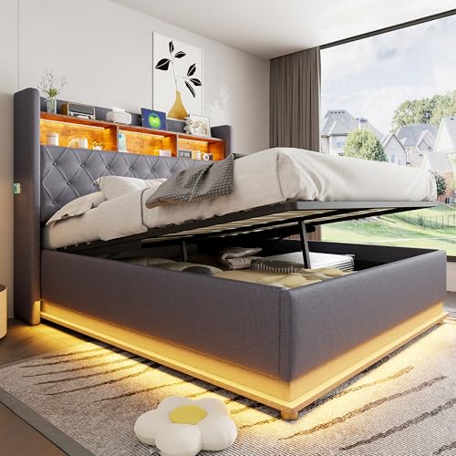 REXO LED-Polsterbett 160 x 200 cm Gepolstertes Stauraumbett mit USB-Ladeanschluss und hydraulischem Stauraum hautfreundlicher Leinenstoff Grau von REXO