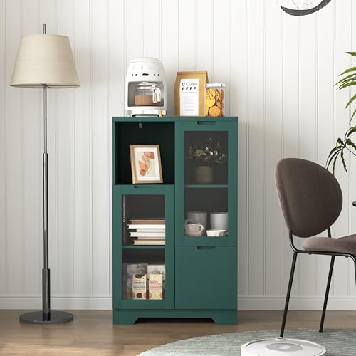 REXO MDF-lackierter Schrank mit Glastüren und Schublade, offener Stauraum, Schlafzimmer, Wohnzimmer (Grün) von REXO