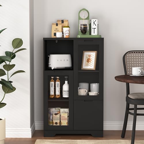 REXO MDF-lackierter Schrank mit Glastüren und Schublade, offener Stauraum, Schlafzimmer, Wohnzimmer (Schwarz) von REXO