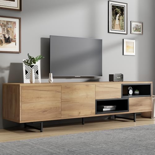 REXO Niedriger Schrank für TV, mehrere Aufbewahrungsfunktionen, holzfarbene Spanplatte, offener Stauraum mit Leiterfächern, bietet Platz für bis zu 70-Zoll-TVs(Holz, 173x38x48cm) von REXO