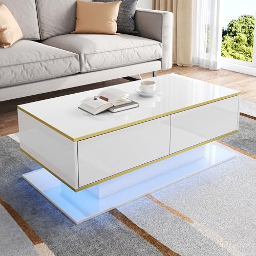 REXO Moderner LED-Couchtisch mit Hochglanzoberfläche, Goldverzierung, DREI Schubladen und einem offenen Fach mit farbwechselndem LED-Lichtstreifen (Weiß) von REXO