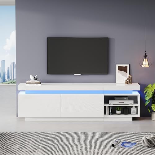 REXO Moderner Lowboard Hochglanz-TV-Schrank mit LED-Beleuchtung, TV-Board, TV-Kommode, geeignet für 70-Zoll-TVs,Tisch, universeller Gaming-Medienständer (Weiß, TV-Schrank 170x35x50cm) von REXO