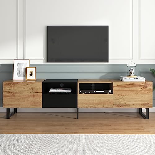 REXO Moderner TV-Ständer mit schwarzem und holzfarbenem Design – robuste Konstruktion, geräumiger Stauraum (190 L x 38 B x 48 H(cm)) von REXO