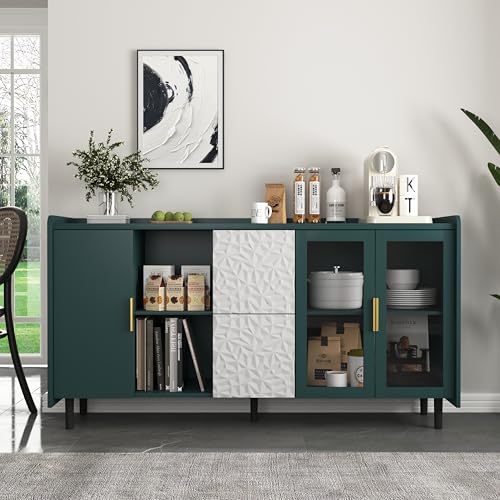 REXO Moderner Vorratsschrank für die Küche, 55 Zoll großer Kaffeebar-Aufbewahrungsschrank mit 2 Schubladen, 2 offenen Ablagefächern und 2 Glastüren, Buffettisch aus Holz. (Grün) von REXO