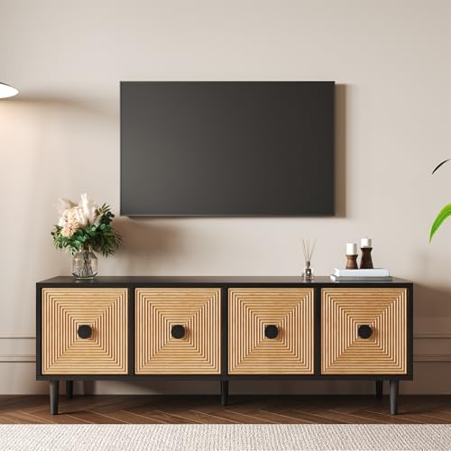 REXO Moderner schwarzer TV-Schrank – 150 x 38 x 55 cm, niedrige Lowboard aus Bambus, TV-Schrankmöbel mit Stauraum von REXO