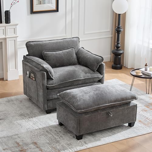 REXO Moderner übergroßer Sessel mit Fußstütze und Hocker, Samt-Loungesessel mit Seitentaschen und Kissen, bequemer Lesesessel für Wohnzimmer, Schlafzimmer und Wohnung (Grau) von REXO