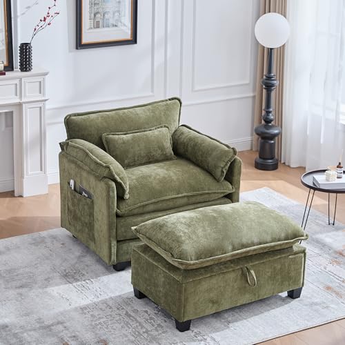 REXO Moderner übergroßer Sessel mit Fußstütze und Hocker, Samt-Loungesessel mit Seitentaschen und Kissen, bequemer Lesesessel für Wohnzimmer, Schlafzimmer und Wohnung (Grün) von REXO