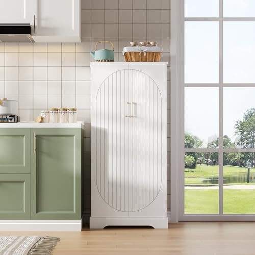REXO Multifunktionaler Küchenschrank weiß, mit LED-Sensorleuchte, höhenverstellbaren Einlegeböden, Doppeltür mit Staufach, Kippschutzvorrichtung, geeignet für Küche, Wohnzimmer und Esszimmer. von REXO