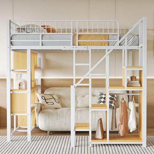 Multifunktionales Hochbett 140 x 200 cm, Erwachsenenbett und Kinderbett, Metallbett mit Stauraum, Ablageflächen und Treppe (weiß) von REXO