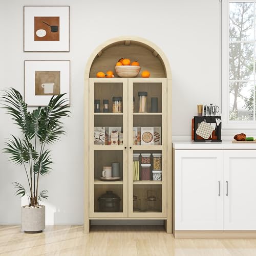 REXO Naturfarbener Aufbewahrungsschrank mit transparenten Acrylglastüren – Bogenförmiger multifunktionaler Hochschrank mit Zwei Schubladen, Maße: 79 × 39,5 × 178 cm. von REXO