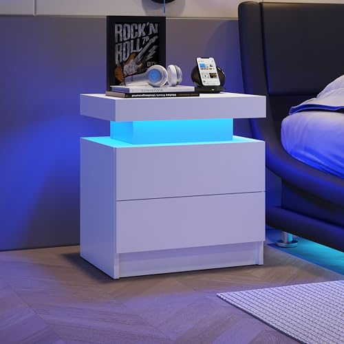 REXO Nightstand LED Bedside Table Cabinet Lights Modern End Side with 2 Drawers for Bedroom (White) von REXO
