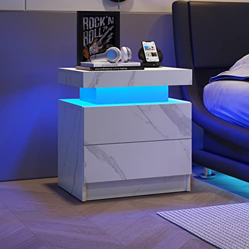 REXO Nightstand LED Bedside Table Cabinet Lights Modern End Side with 2 Drawers for Bedroom (White Stone) von REXO